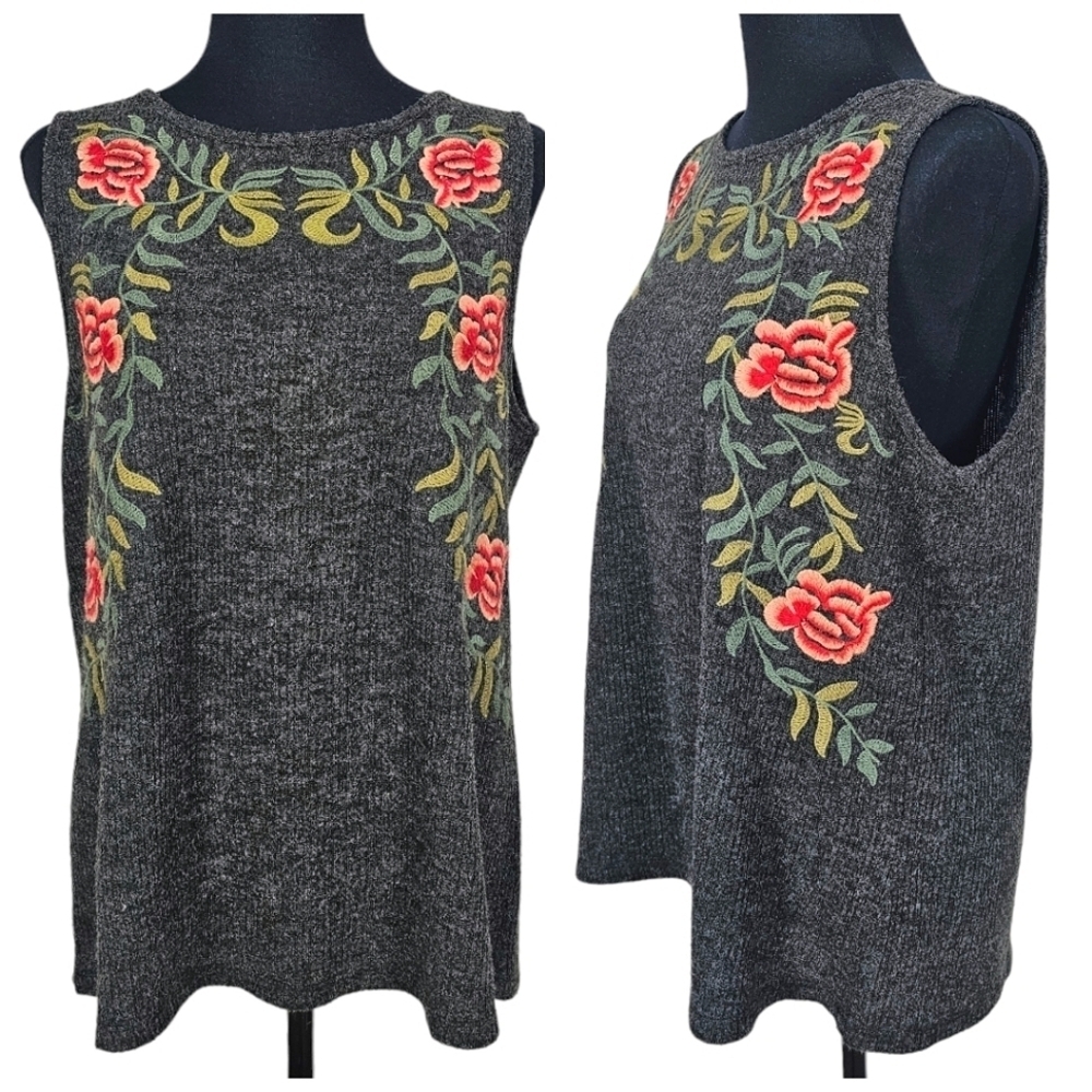 THML Gray Floral Embroidered Popover Sleeveless Tank Top Keyhole Back Nylon M